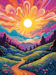 Psychedelic Groovy Patterns: Retro Rolling Hills Landscape Art with a Twist