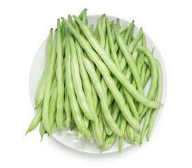 Fresh Bush bean or Fresh green beans on a white plate isolate on white with clipping path.
