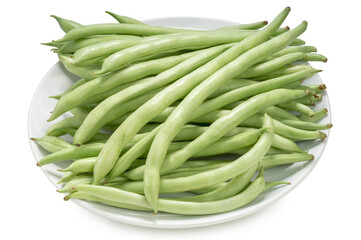 Fresh Bush bean or Fresh green beans on a white plate isolate on white with clipping path.