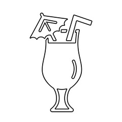 Pina colada cocktail line icon, black outline on white. Drink in tulip glass with straw and umbrella. Vector clipart sign for web design or logo, illustration of alcoholic beverage.