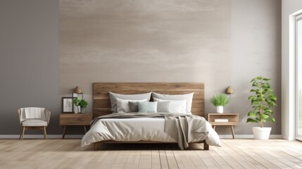 Fototapeta premium A minimalist luxury bedroom with a plush, oversized headboard and soft, neutral tones.