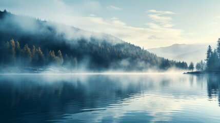 A dreamy mist rising from a serene lake, creating an ethereal and mystical atmosphere.
