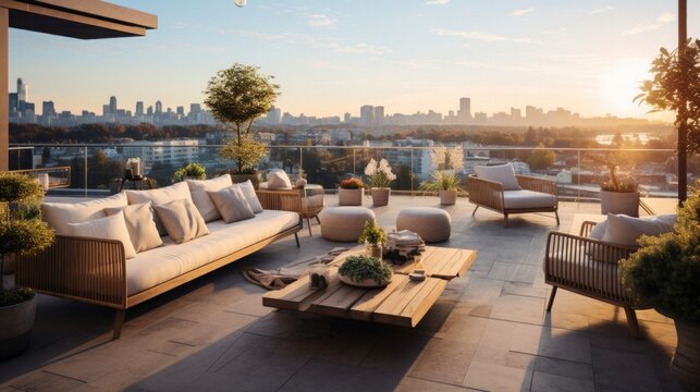 A luxurious penthouse terrace with panoramic city views and designer outdoor furniture