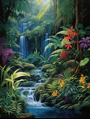 Rainforest Waterfall Scenes: Lush Jungle Vegetation Reflecting in a Zen Garden