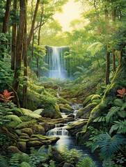 Majestic Rainforest Waterfall Scenes: Meadow Paintings in Serene Clearings