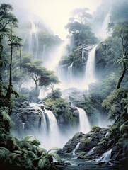 Fototapeta na wymiar Morning Mist: Serene Rainforest Waterfall Scenes and Enchanting Foggy Waterfalls