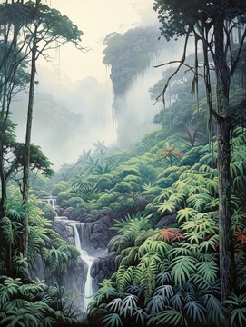 Morning Mist Painting: Captivating Rainforest Waterfall Scenes and Foggy Waterfalls