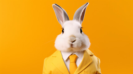 Close up view on a white rabbit in suit