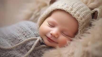 Fototapeta na wymiar Small newborn smiling in his sleep, with a dreamy expression on his face
