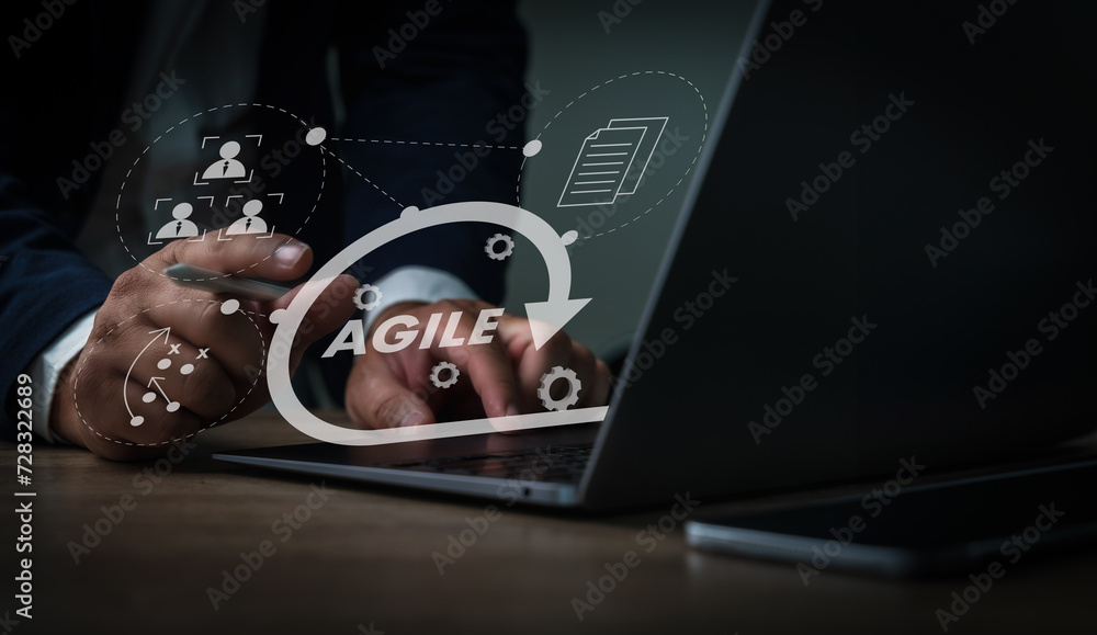 Poster a businessman using a laptop computer agile management and the principles of agile software developm
