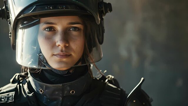 A portrait of a female riot control officer in full gear, challenging the stereotype of a maledominated profession.