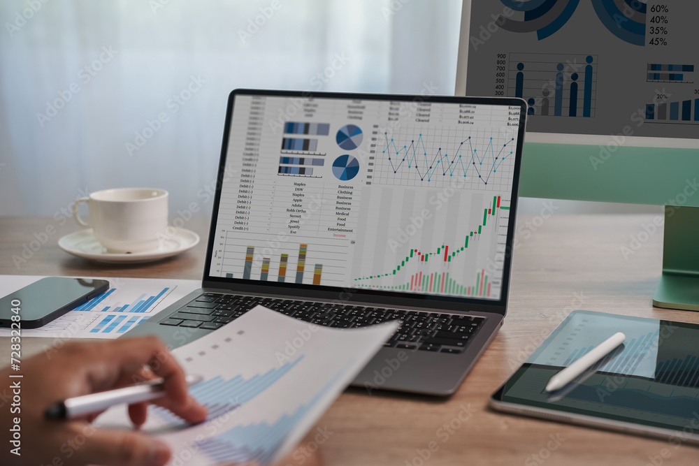 Poster financial analytics using a tablet for market data analysis and report business analysis and data ma