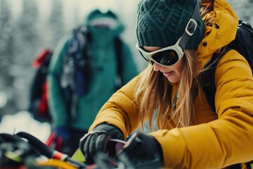 Young cheerful woman preparing equipment for ski adventure.