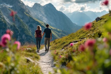 Obraz premium Young couple walking on mountain trail in Tannheimer Tal, Tyrol, Austria 