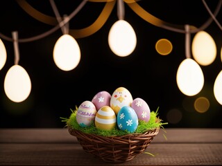 Close-up of a small wicker basket with colorful Easter eggs on a blurred background in the evening, glowing lanterns in the shape of an egg, bokeh. Easter background.
