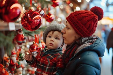 Fototapeta na wymiar Young mother shops Christmas decoration with her cute little son.