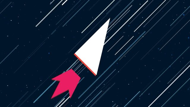 Right triangle symbol flies through the universe on a jet propulsion. The symbol in the center is shaking due to high speed. Seamless looped 4k animation on dark blue background with stars