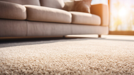 close up of sofa with beige carpet rug home interior background - obrazy, fototapety, plakaty