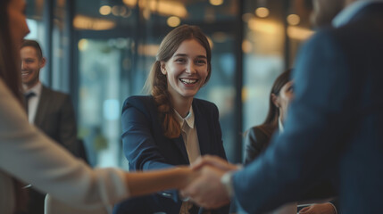 Teamwork and Technology: Group of young business people standing in the office, rejoicing at the deal struck. Man shaking hands with a woman, concluding a meeting, signing a contract, or welcoming a n - obrazy, fototapety, plakaty