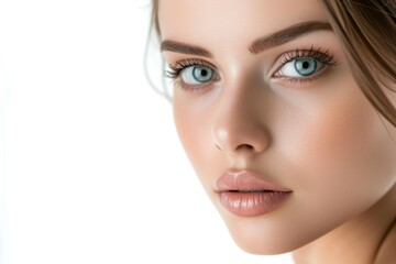 Fototapeta premium Concept of rejuvenating beauty treatments. Detailed closeup of a female with impeccable skin, minimalist makeup, isolated over a white backdrop. Generated AI