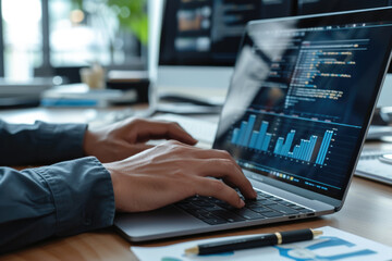 Tech programmer's domain: Cropped closeup shot of male digits pressing laptop buttons, screen showing data charts, amidst office surroundings. Generated AI