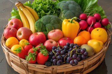 Assortment of Fruits and Vegetables in Wood Basket 