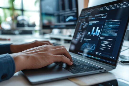Coding expert scene: Cropped closeup picture of male fingers on laptop keys, with graphs visible on the display, set against a workspace backdrop. Generated AI