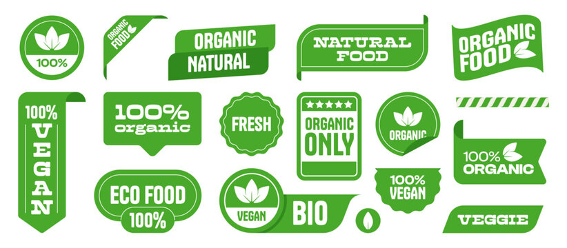 Vegan labels. Eco vegetarian food organic products, natural veganism concept symbols, organic farm fresh vegan icons. Vector isolated set. Green badges for packages with bio ingredients
