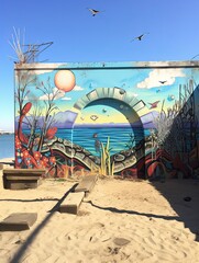 Street Graffiti Beach Scene: Vibrant Urban Art and Sea Walls
