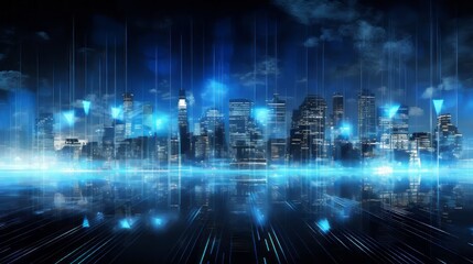 Vibrant blue abstract cityscape: futuristic digital technology concept