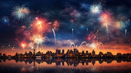 Beautiful night sky over the city with colorful fireworks