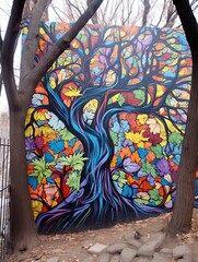 Street Graffiti: Urban Art Tree Line - Captivating Park Tags