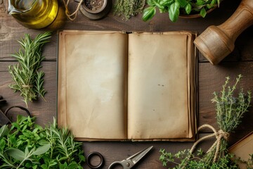High angle view of a vintage opened cookbook surrounded by various kinds of aromatic herbs like rosemary, chive, thyme, corianders and dried bay leaves - obrazy, fototapety, plakaty