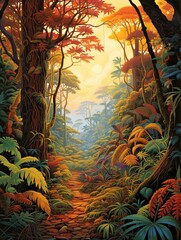 Fototapeta na wymiar Tropical Jungle Canopies - Rare Jungle Fall, Autumn Landscape Painting