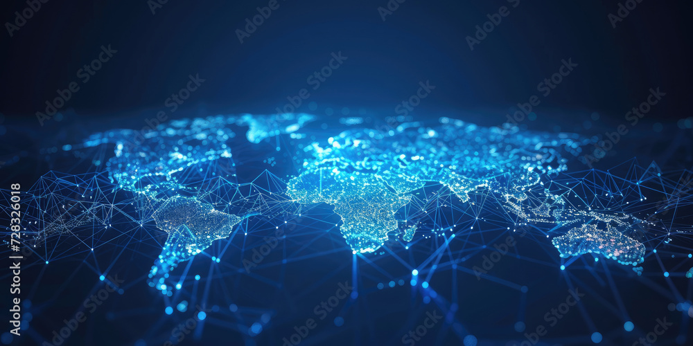 Poster blue abstract digital map of world map with lines and dots conected. suitable for travel, navigation