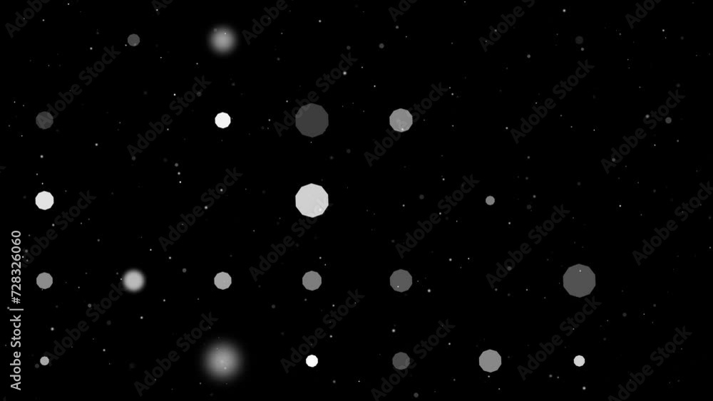 Poster template animation of evenly spaced decagon symbols of different sizes and opacity. animation of tra