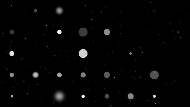 Template animation of evenly spaced decagon symbols of different sizes and opacity. Animation of transparency and size. Seamless looped 4k animation on black background with stars