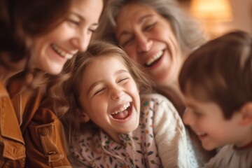 Happy family members of different ages rest at home laughing as boy shouting April Fool. Little child adds excitement by playing practical jokes on parents