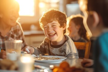 Family members enjoy breakfast at table laughing together. Happy preschooler children playing tricks on parents making April Fools Day memorable occasion