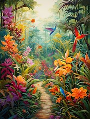 Vibrant Tropical Birds Pathway Painting: Captivating Bird Trails in Nature
