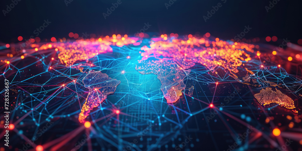 Poster blue abstract digital map of world map with lines and dots conected. suitable for travel, navigation