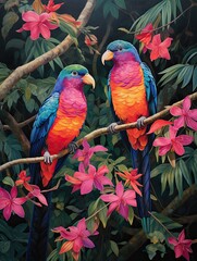 Vibrant Tropical Birds Riverside Painting: Riparian Bird Species Bliss