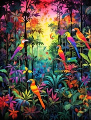 Vibrant Tropical Birds: Treetop Dwellers in a Breathtaking Tree Line Artwork