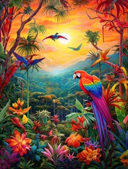Vibrant Tropical Birds: A Radiant Rainbow of Birdlife in a Lush Landscape