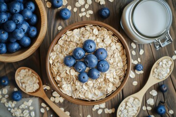 Top view of a bowl full of oat flakes, a jar and a glass filled with oat milk. blueberries and two spoons are over the wooden table. - Powered by Adobe