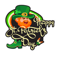 Happy Saint Patricks Day. Hand-drawn lettering. Festive composition with cute leprechaun, and rainbow. Spring holiday March 17 Saint Patrick. Vector illustration. Sticker.
