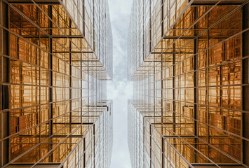 Modern golden glass buildings in Hong Kong city