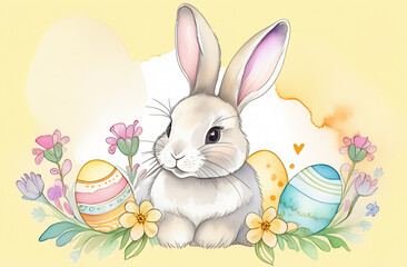 Easter card watercolor, illustration of a fluffy bunny on a light yellow background in the middle and two painted Easter eggs, flowers growing around.