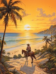 Fototapeta premium Wild West Cowboy Tales: Tropical Beach Art Depicting Seaside Charm