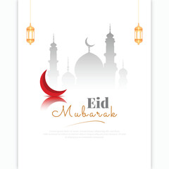 Eid, Mubarak, wishes, or greeting post Islamic white or grey color background eid, al, fitr, design with mosque, or lantern, social media wishing, banner, vector illustration